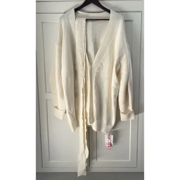 Cider KNIT V-NECK OVERSIZED Wool blend CARDIGAN WITH BELT Ivory Sz. 1XL NWT - Picture 2 of 9